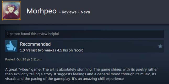 A screenshot shows a Steam user review of Neva.