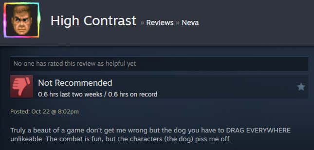 A screenshot shows a Steam user review of Neva.