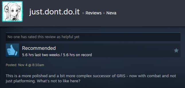 A screenshot shows a Steam user review of Neva.