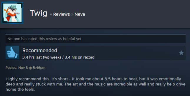 A screenshot shows a Steam user review of Neva.