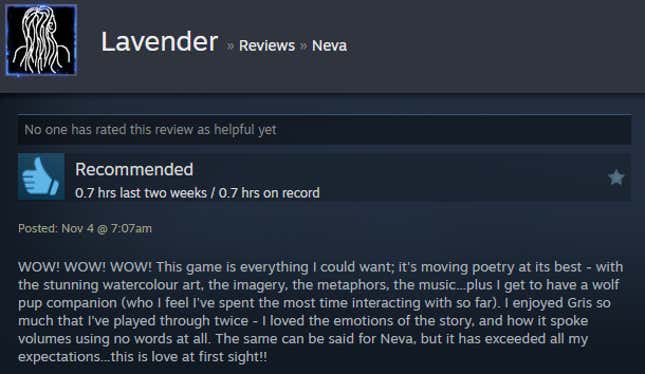 A screenshot shows a Steam user review of Neva.