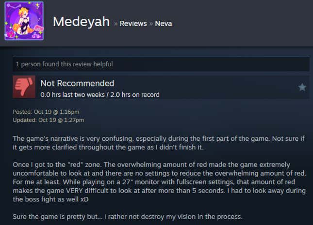 A screenshot shows a Steam user review of Neva.