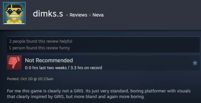 A screenshot shows a Steam user review of Neva.