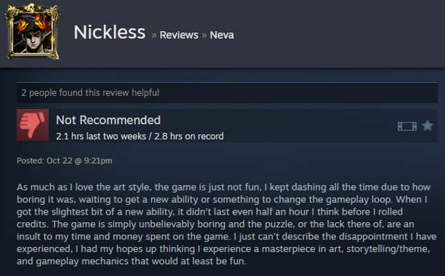 A screenshot shows a Steam user review of Neva.