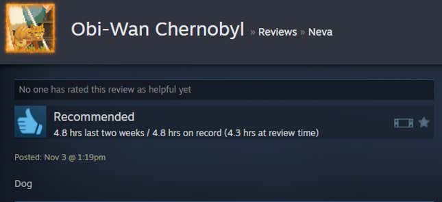 A screenshot shows a Steam user review of Neva.