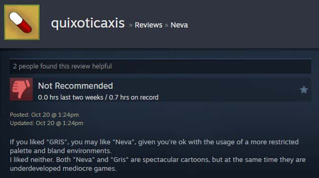 A screenshot shows a Steam user review of Neva.