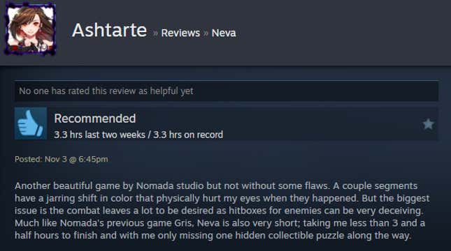 A screenshot shows a Steam user review of Neva.