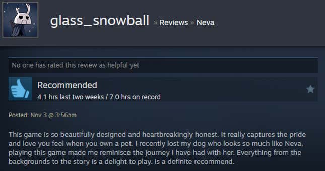 A screenshot shows a Steam user review of Neva.