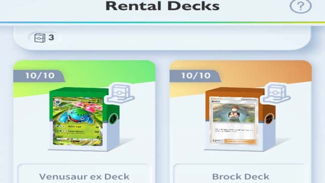 A screenshot shows the Rental Decks screen, with the Venusaur ex and Brock Rental Decks unlocked.