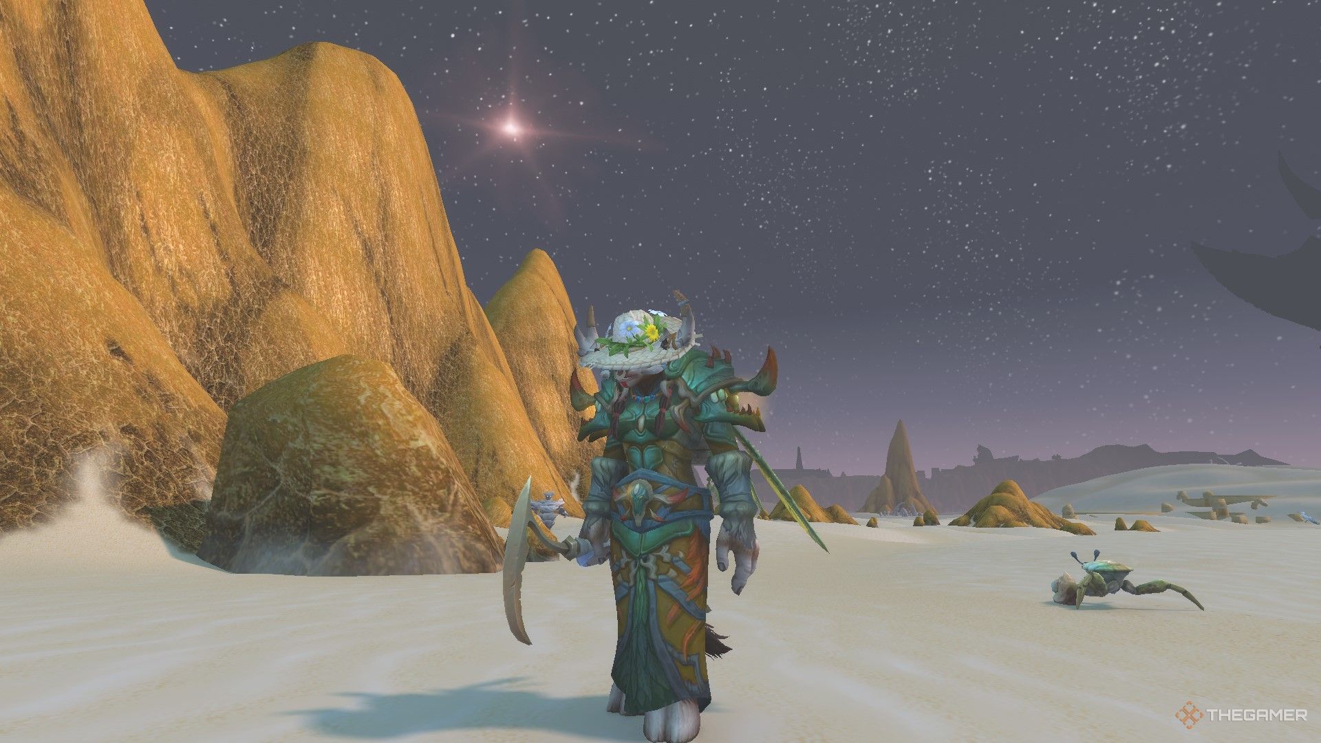 A Highmountain tauren druid herbalist in her herbalism gear while out in the desert of Tanaris in World of Warcraft:The War Within.