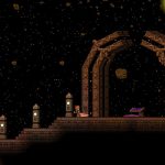 Starbound screenshot showing a pixel art outer space setting and a ruinous gate upon a floating platform