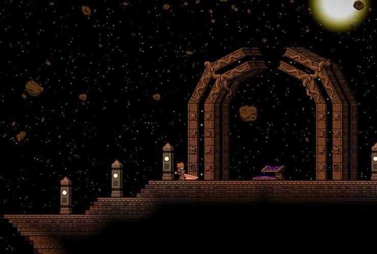 Starbound screenshot showing a pixel art outer space setting and a ruinous gate upon a floating platform