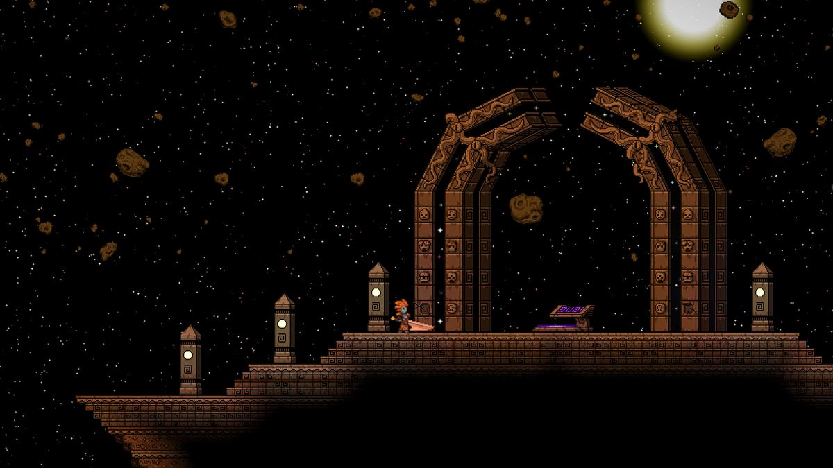 Starbound screenshot showing a pixel art outer space setting and a ruinous gate upon a floating platform