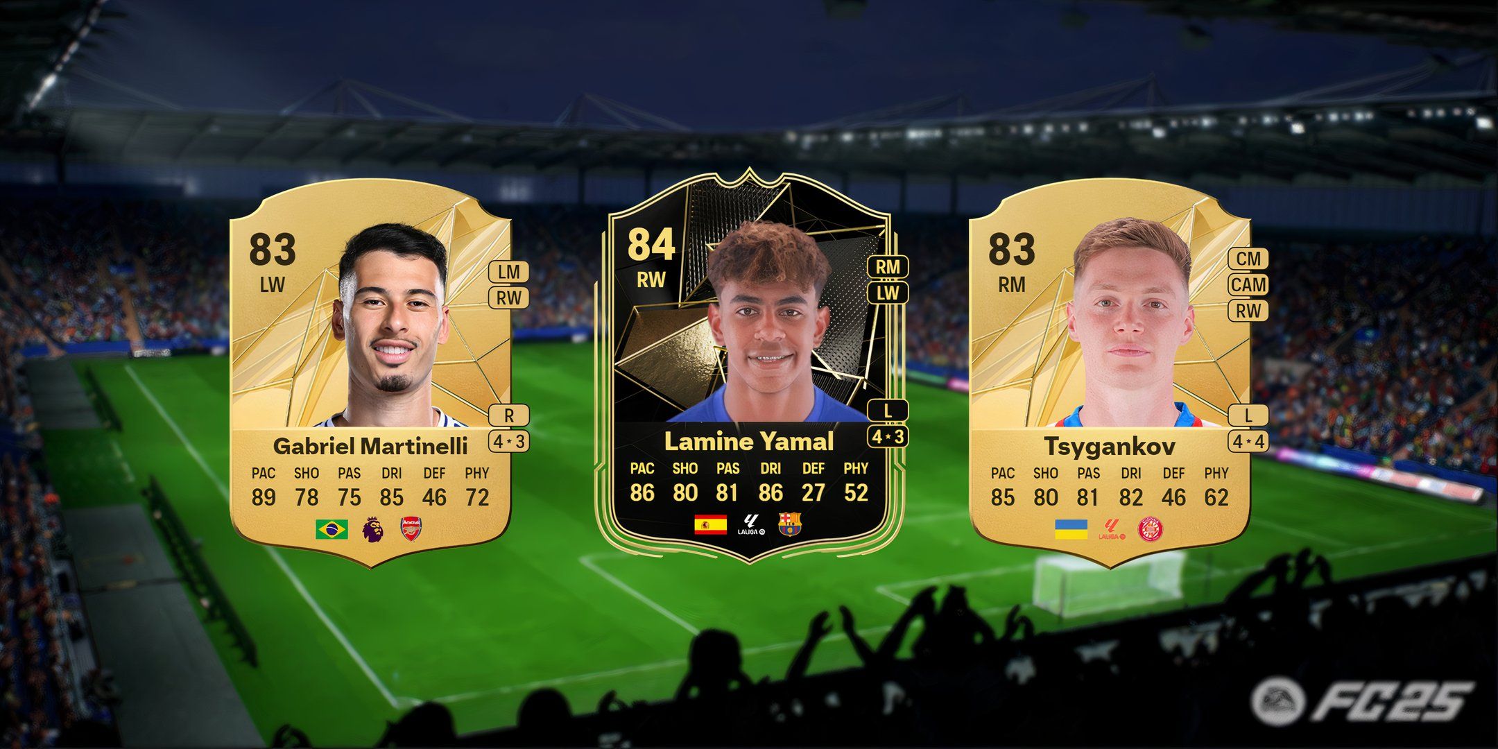 Gabriel Martinelli's, Lamine Yamal's, and Tsygankov's cards in EA Sports FC 25.