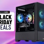 An ABS Cyclone gaming PC on a purple and pink gradient background with a Black Friday deals stamp next to it