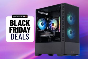 An ABS Cyclone gaming PC on a purple and pink gradient background with a Black Friday deals stamp next to it