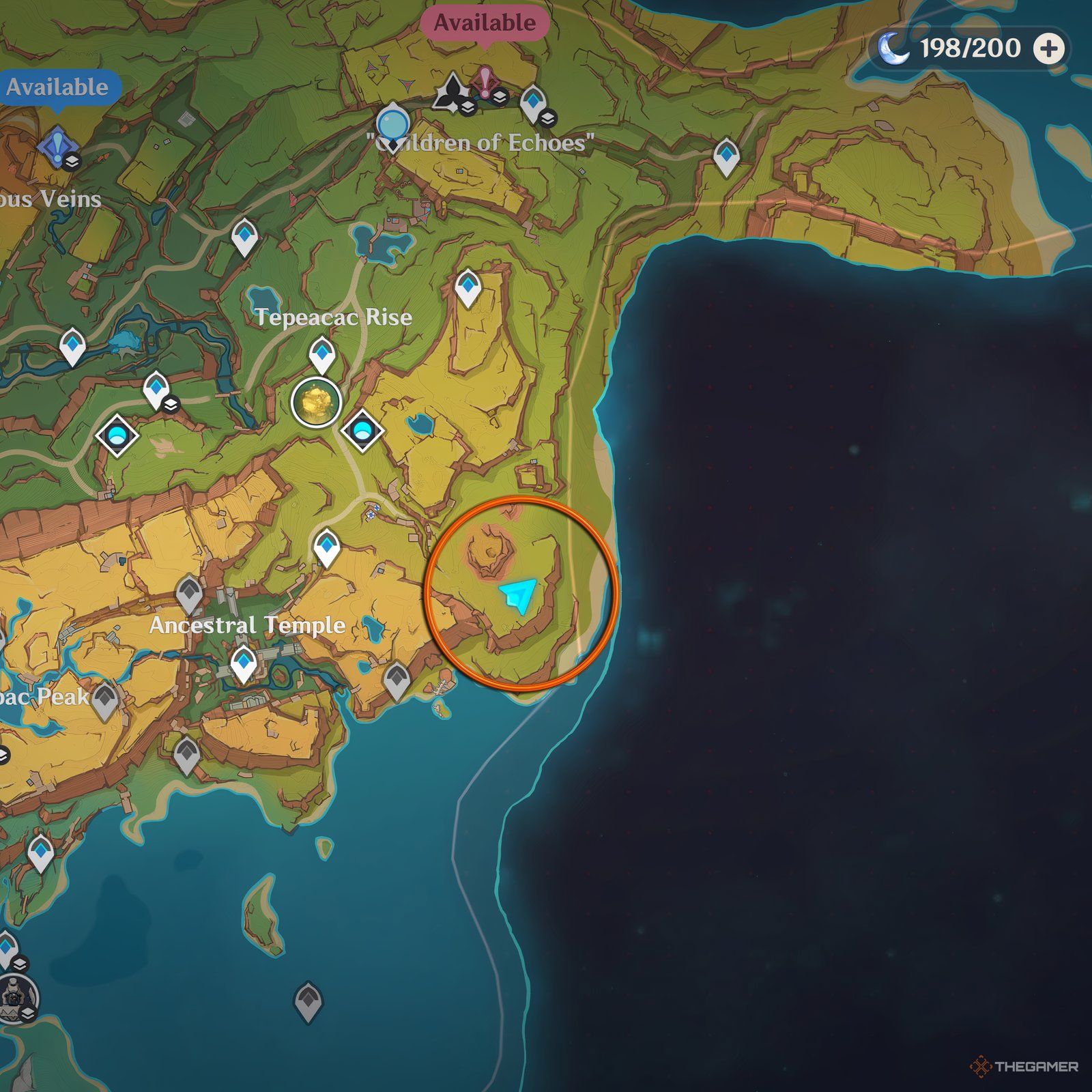 The location of the Avatar of Lava southeast of the crater in Genshin Impact.