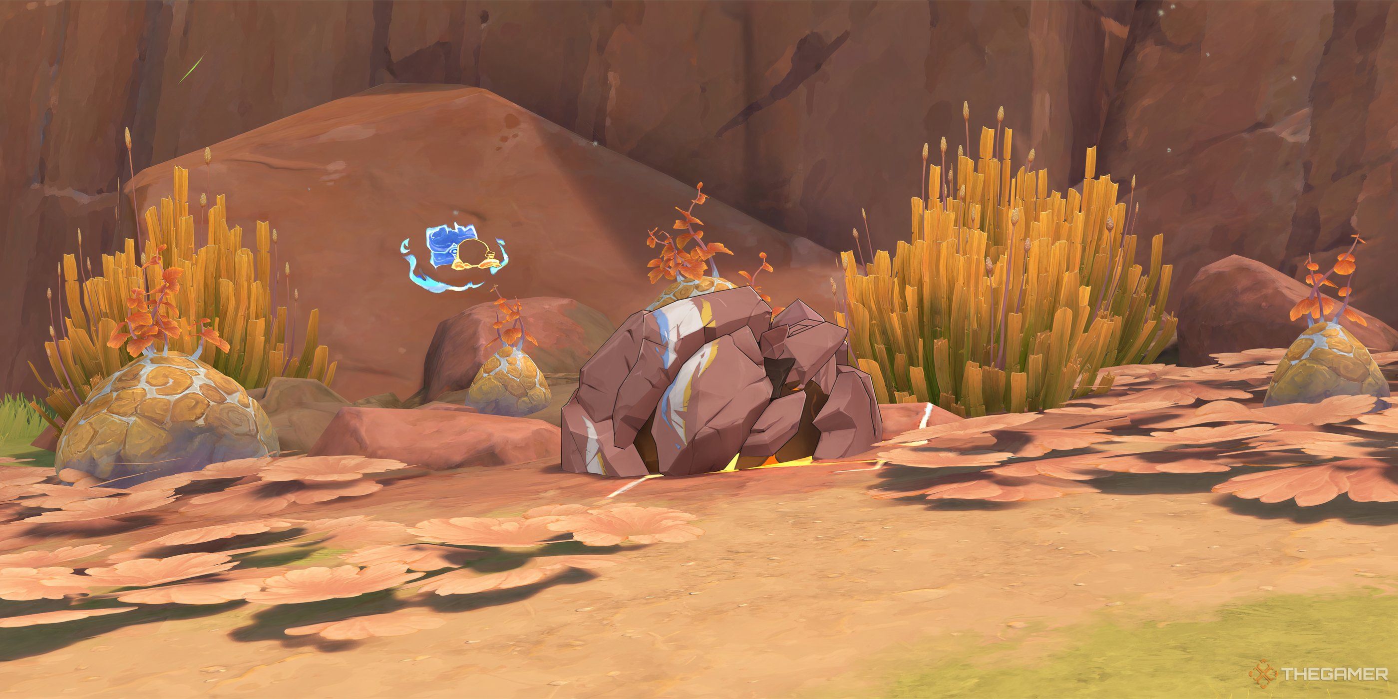 An Eroded Avatar of Lava sleeping near some graffiti in Genshin Impact.