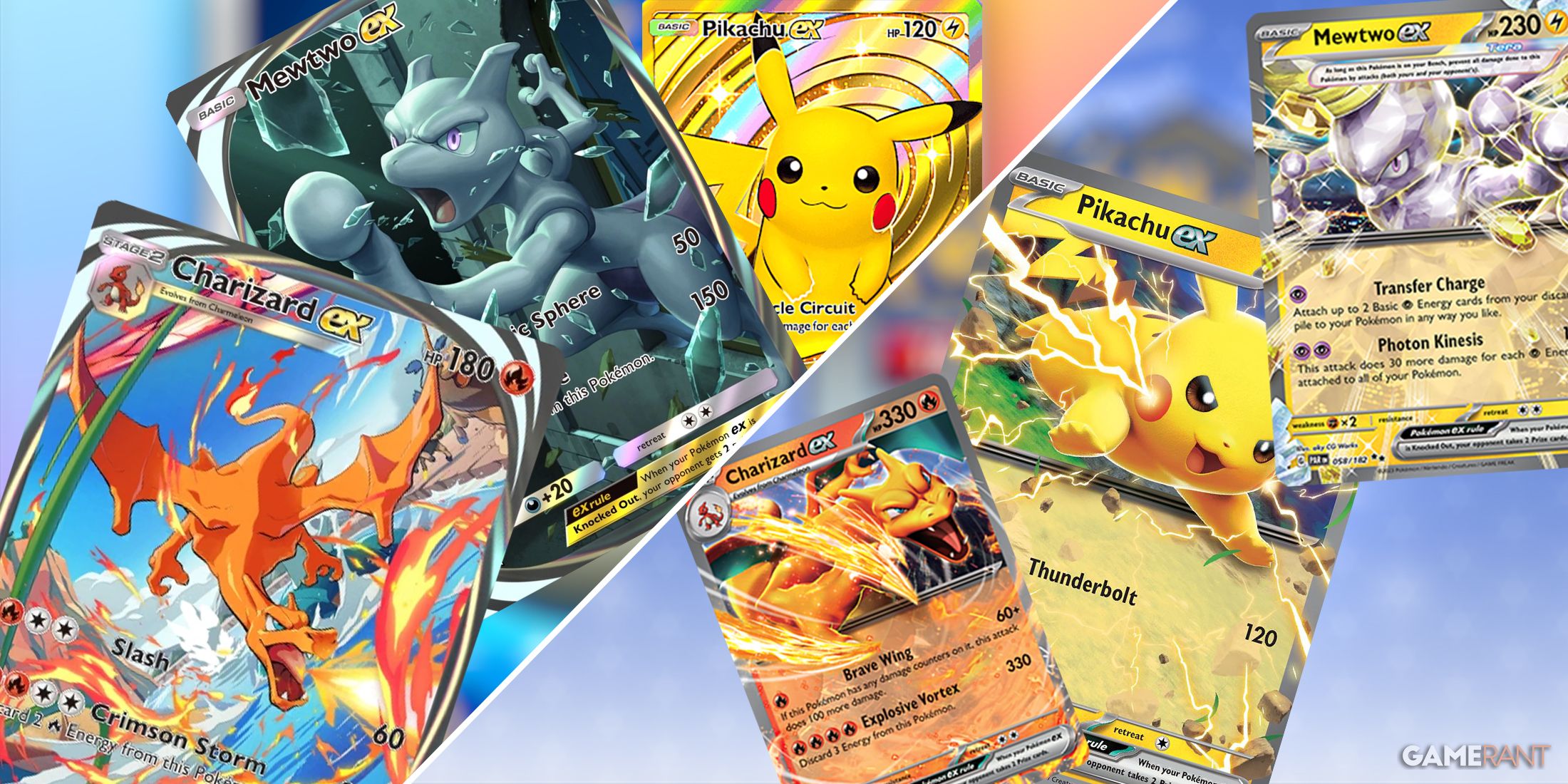 Pokemon TCG Pocket cards for Mewtwo EX, Charizard EX, and Pikachu EX