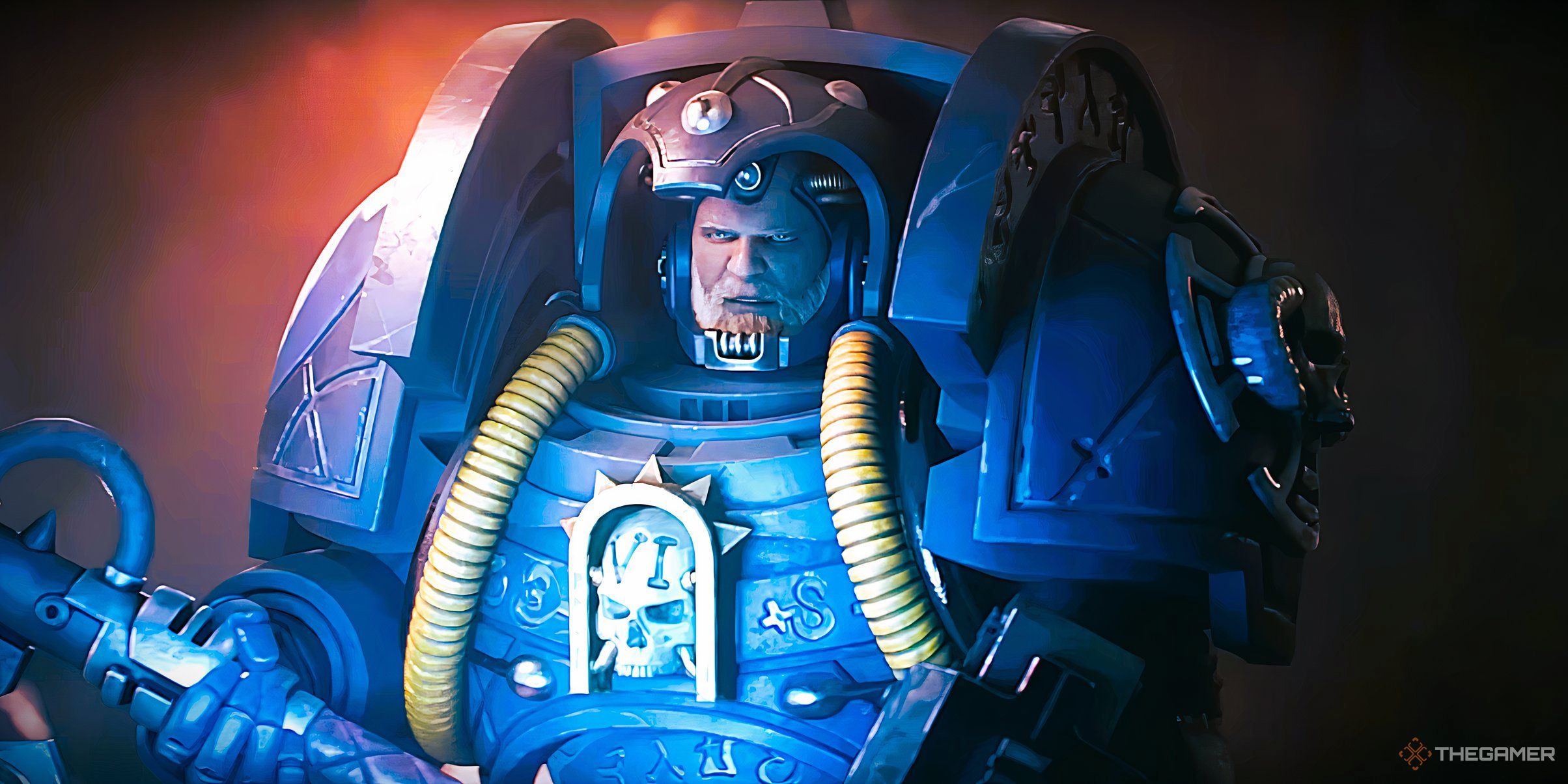 An Ultramarines Terminator Librarian from the Warhammer 40,000 10E Cinematic Trailer.