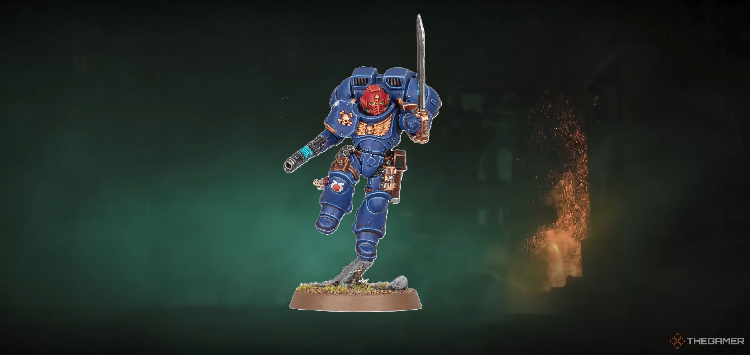 A Space Marine Jump Intercessor Sergeant from Warhammer 40,000 Tabletop.