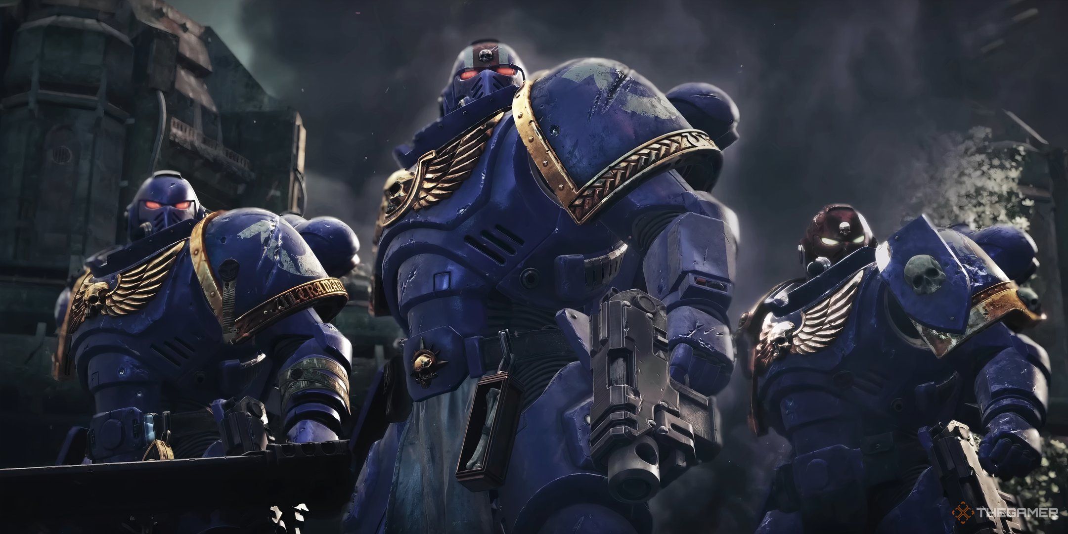 A Trio of Ultramarines from Warhammer 40,000: Space Marine 2.