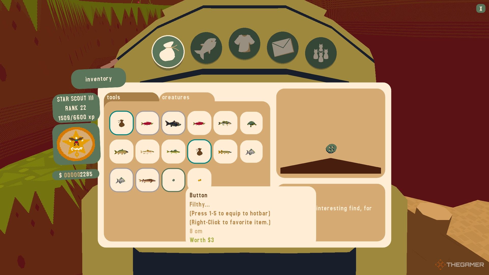 A button is displayed inside the player's backpack in Webfishing.