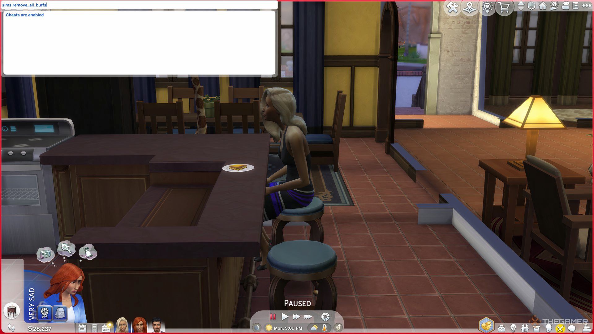 A Sim sitting on chair next to table. There is a white window on top left which is used for typing cheats.