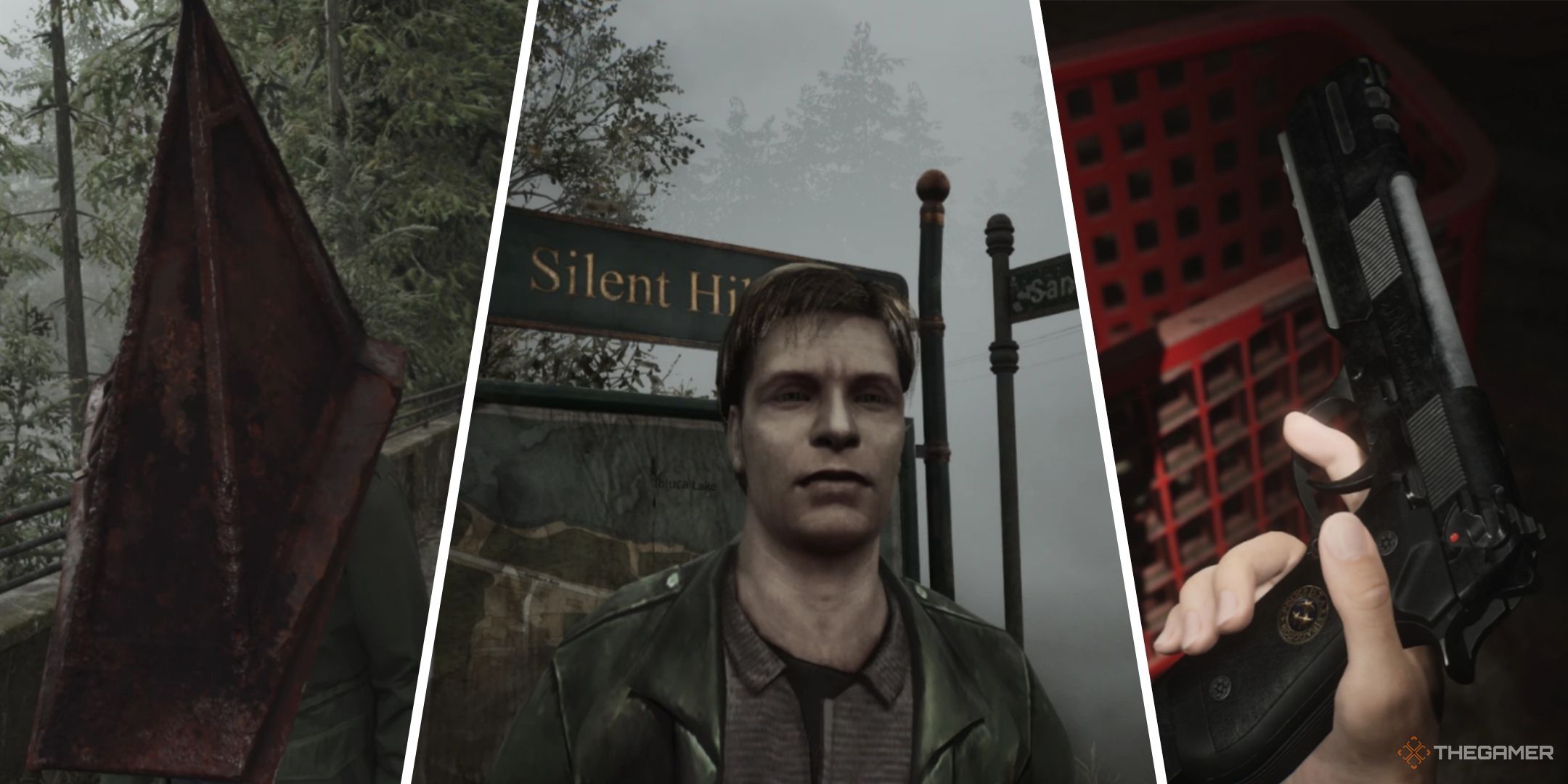 Silent Hill 2 Best Mods Feature Image With James Wearing A Pyramid Head Mask, 2001 James Sunderland, And The Samurai Edge Handgun From Resident Evil.