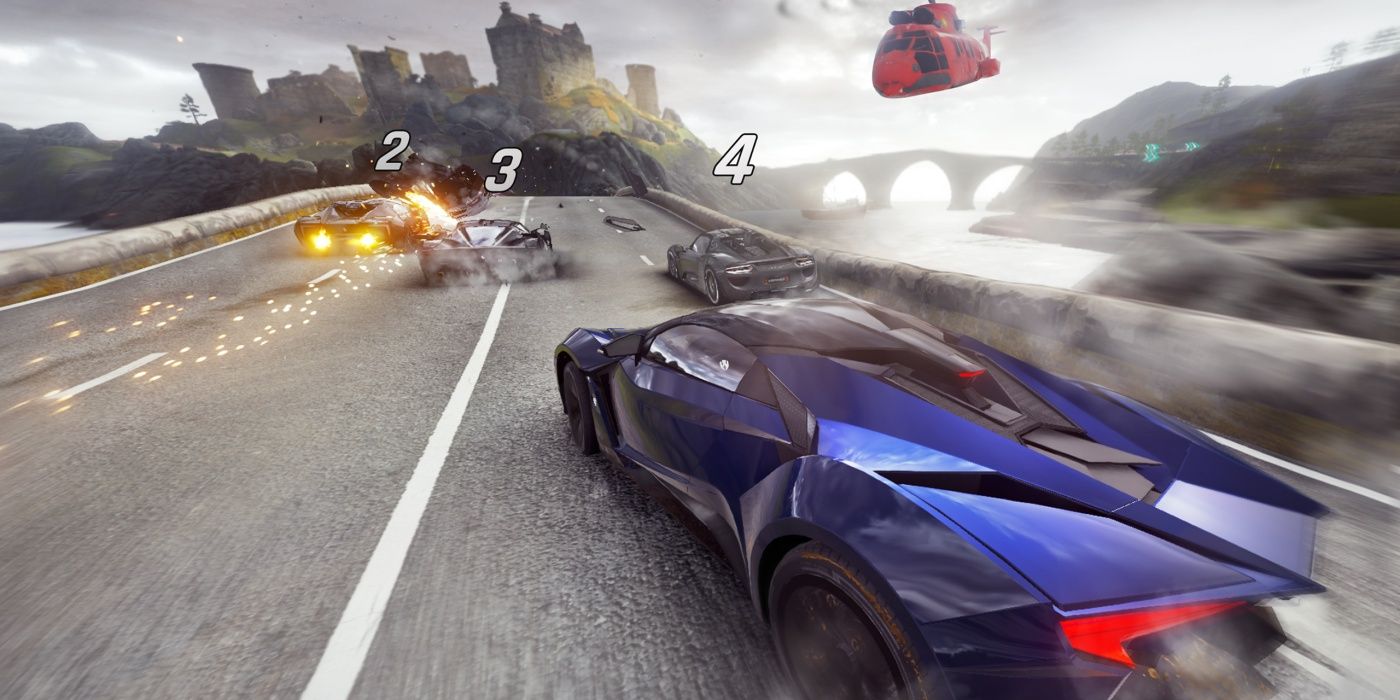 A blue car racing against rivals near castle in Asphalt 9 Legends.