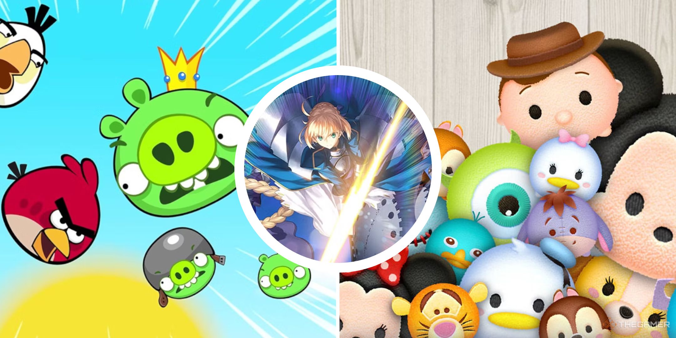 split image with art from tsum tsum, angry birds, and fate grand order