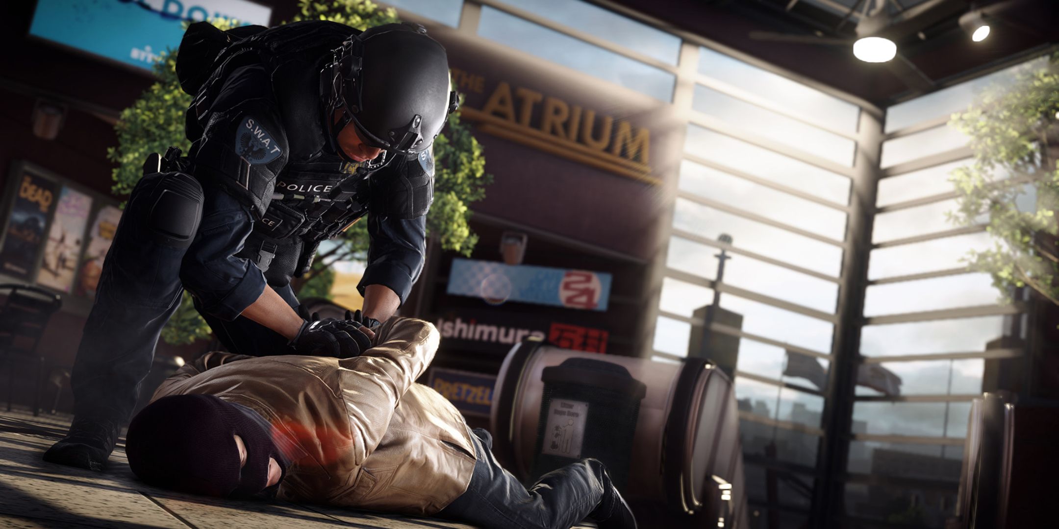 Battlefield Hardline promo shot of police officer holding a criminal down.