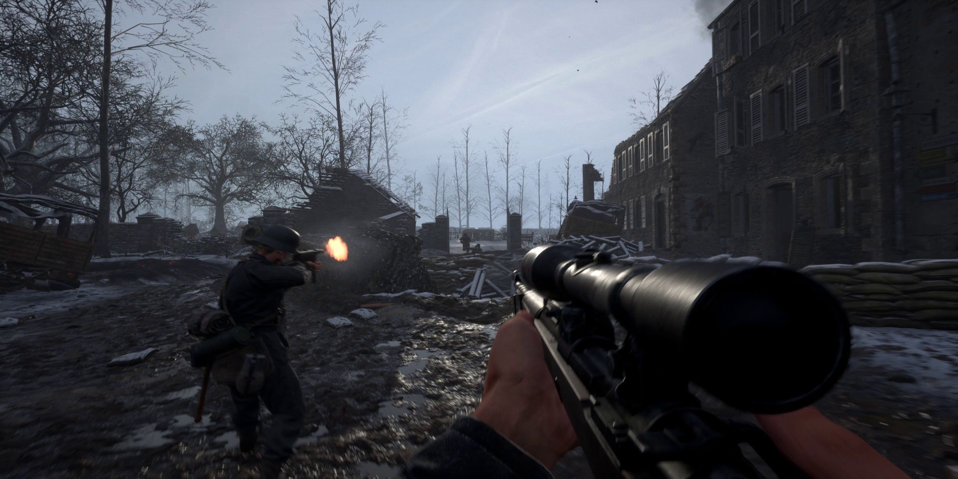 A soldier firing on enemies in Hell Let Loose, with the player right standing beside and wielding a sniper rifle.