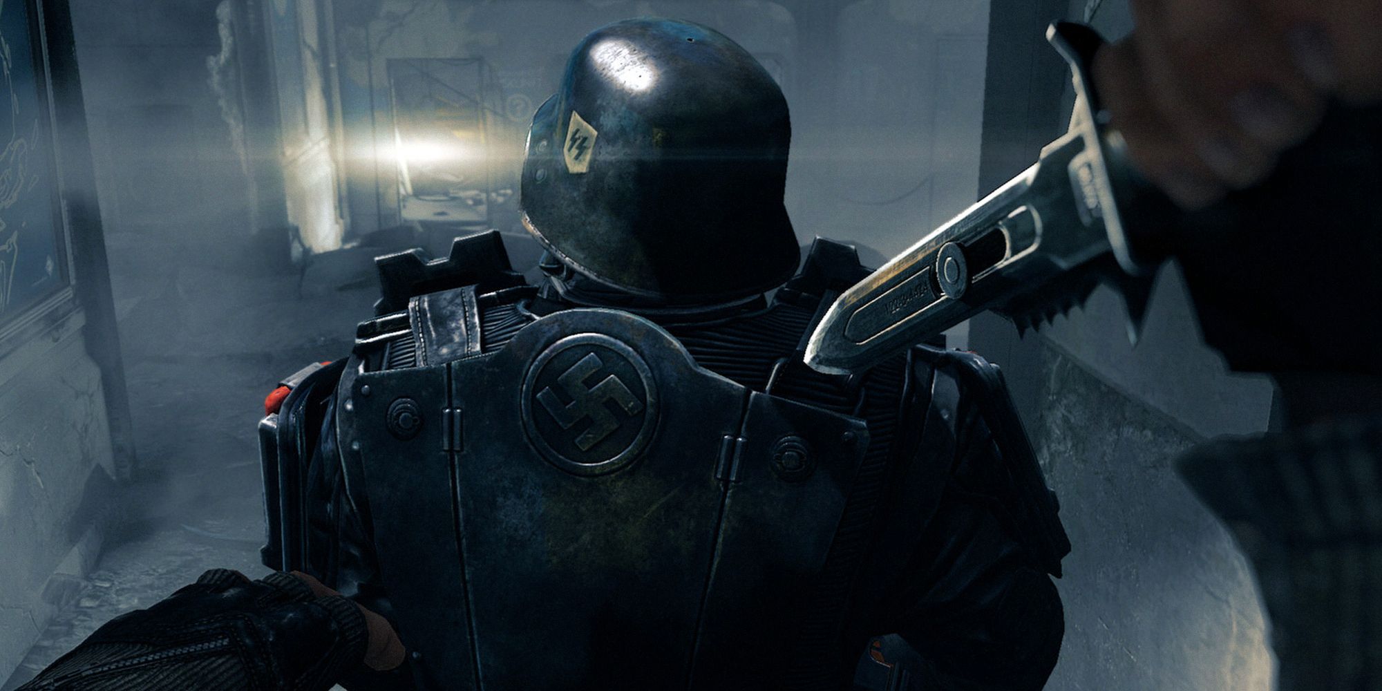 Wolfenstein The New Order. Blazkowicz readying his knife to kill the enemy ahead.