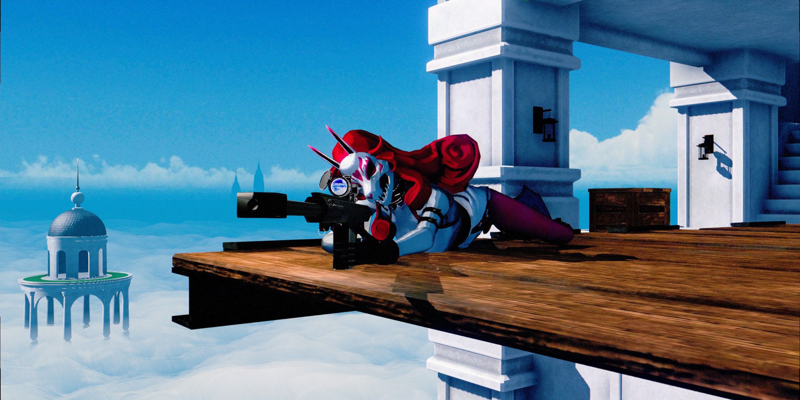 Neon White screenshot of Neon Red aiming her sniper rifle.