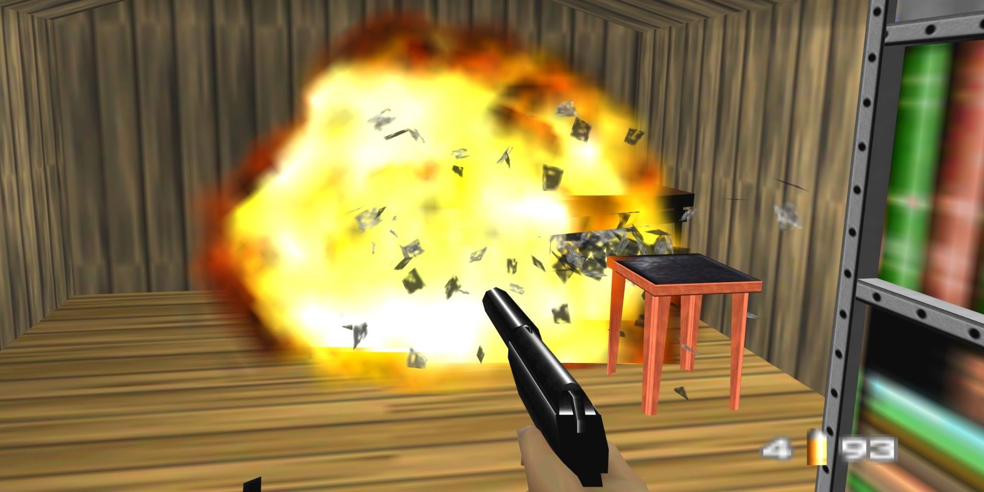 A whole table exploding into pieces from GoldenEye 007.