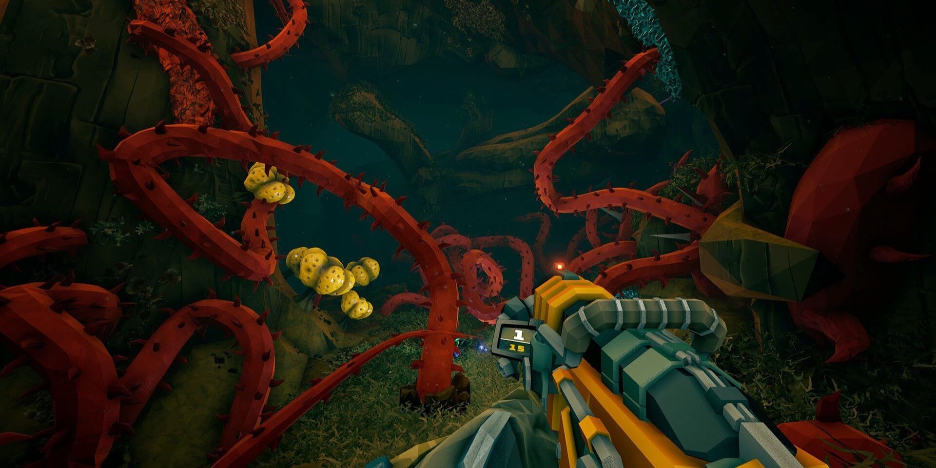 Deep Rock Galactic screenshot of hollow bough first person POV.