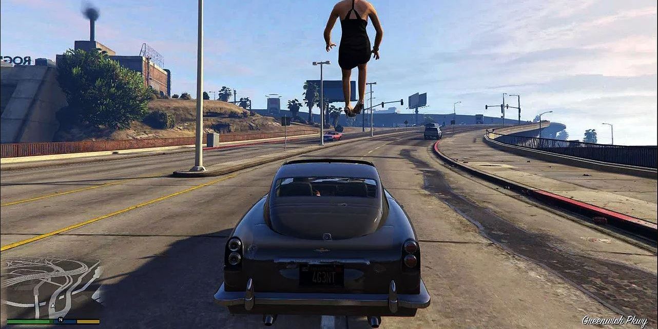 A woman being launched out of the JB 700 in GTA 5