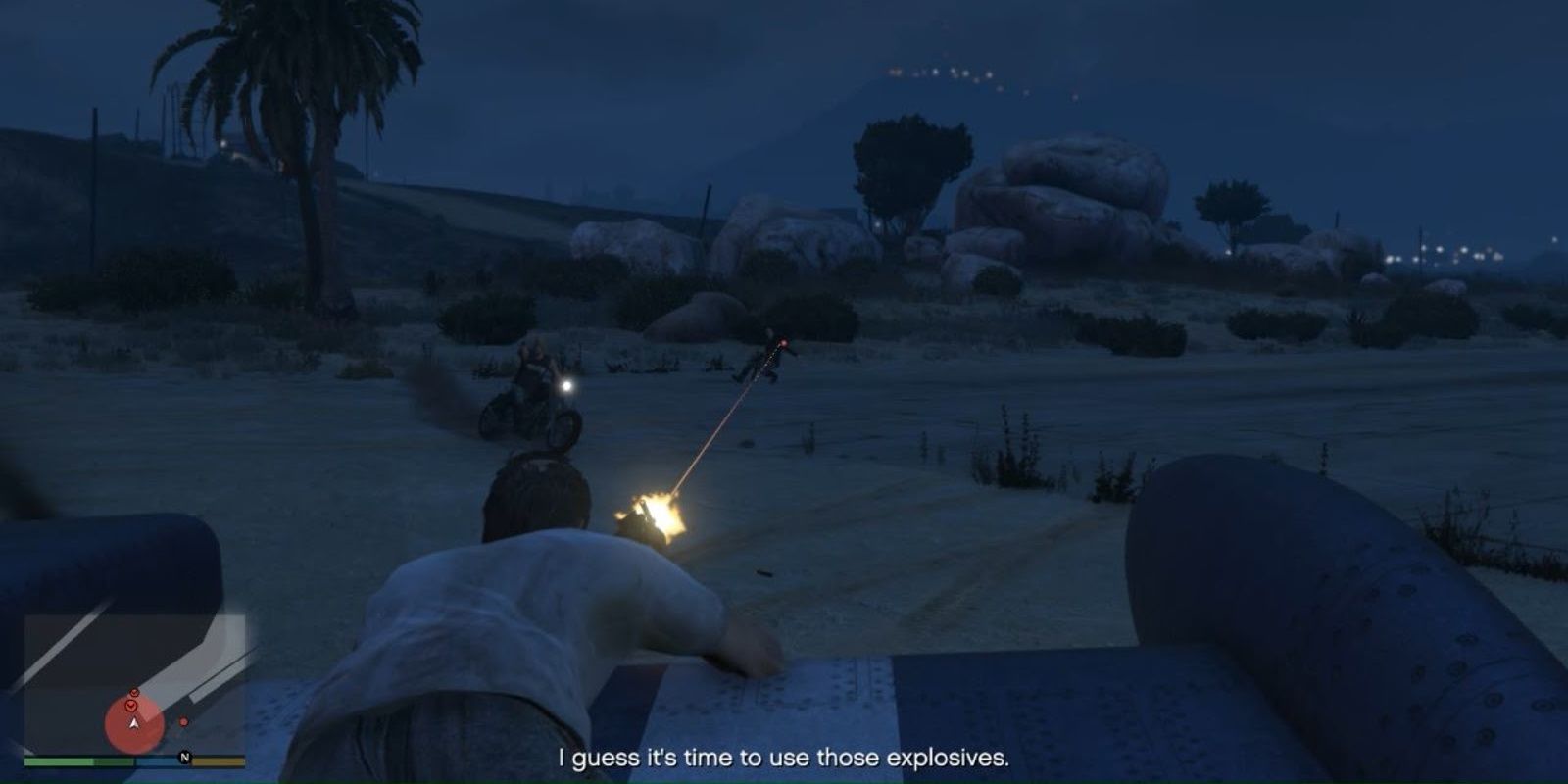 Trevor shooting a Lost MC member while laying on a plane wing in GTA 5