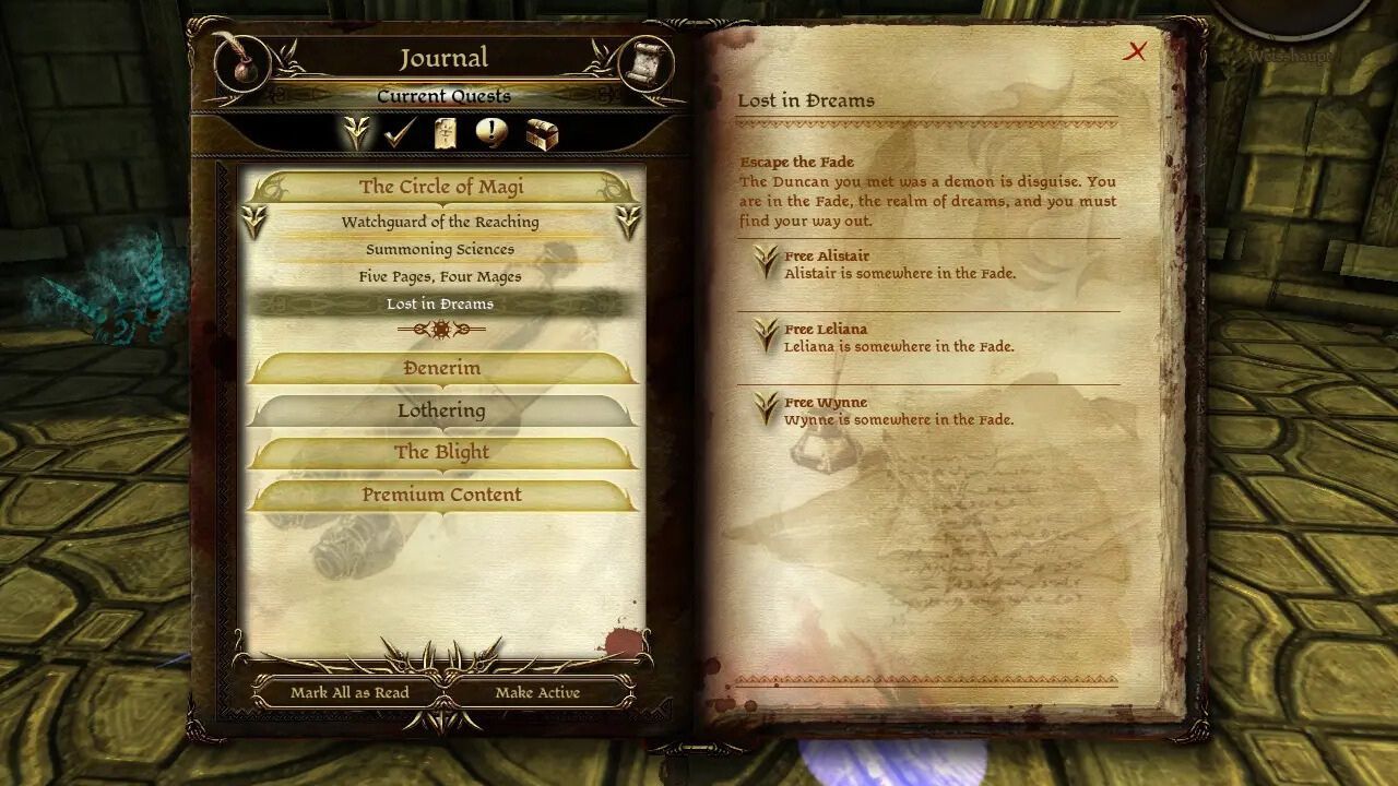 Quest journal in Dragon Age: Origins using the Skip The Fade mod by hdhd. 