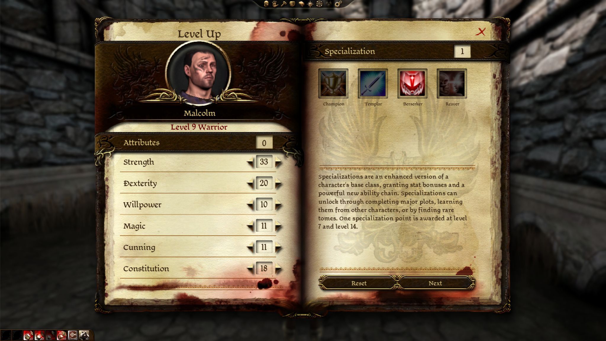 The Dragon Age Origins Specialization Screen.