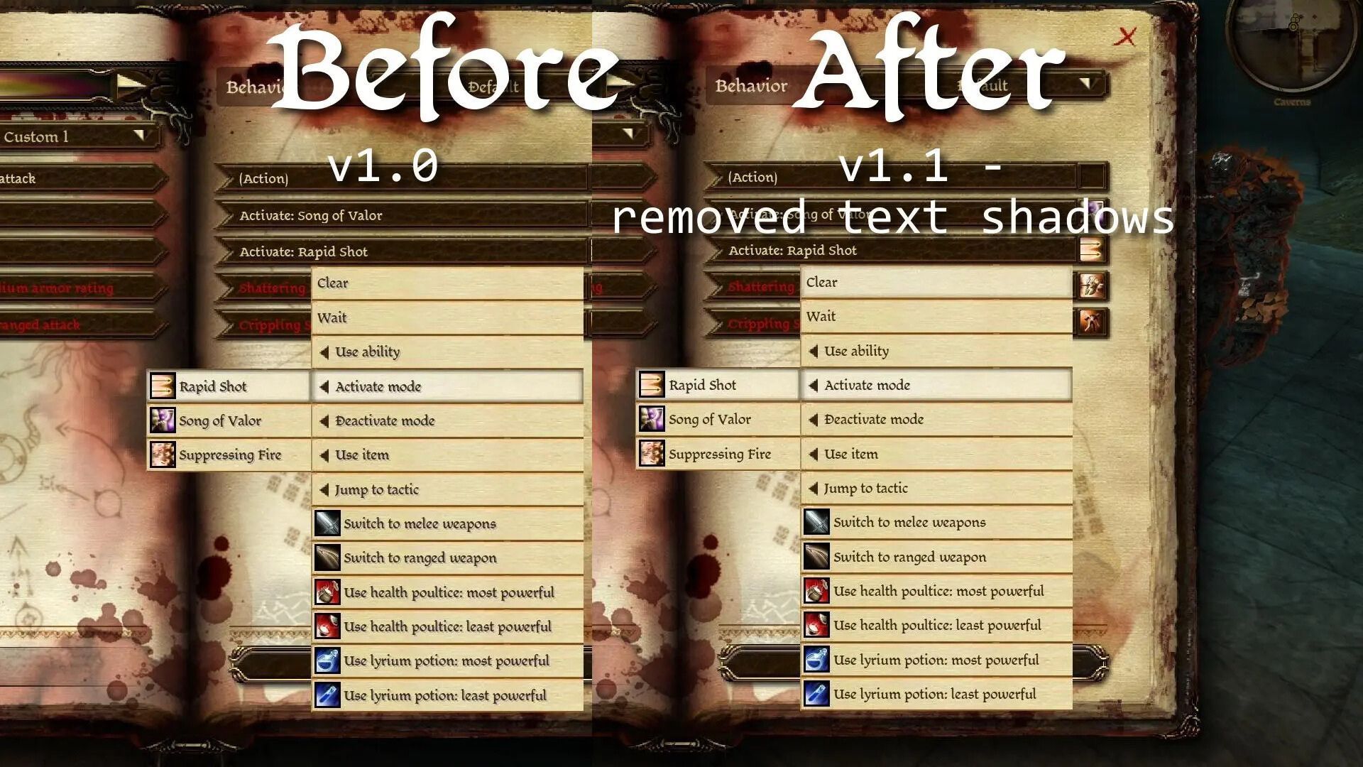 Dragon Age: Origins In-game screenshot comparison of the FtG UI Mod - More Readable Fonts and UI by FollowTheGourd.