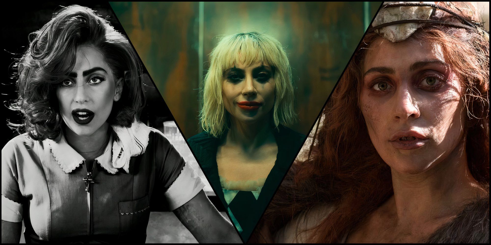 Lady Gaga in Sin City, Lady Gaga as Harley Quinn in Joker 2, and Lady Gaga in AHS