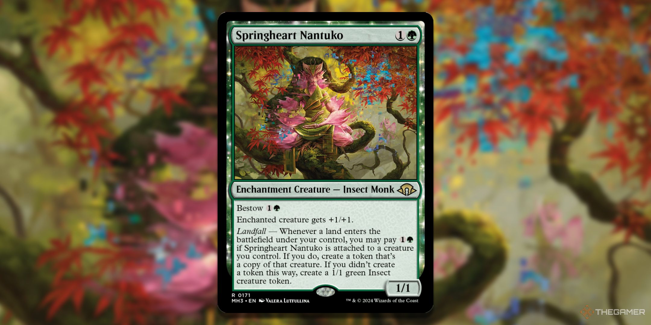 MTG Springheart Nantuko card with the art in the background.