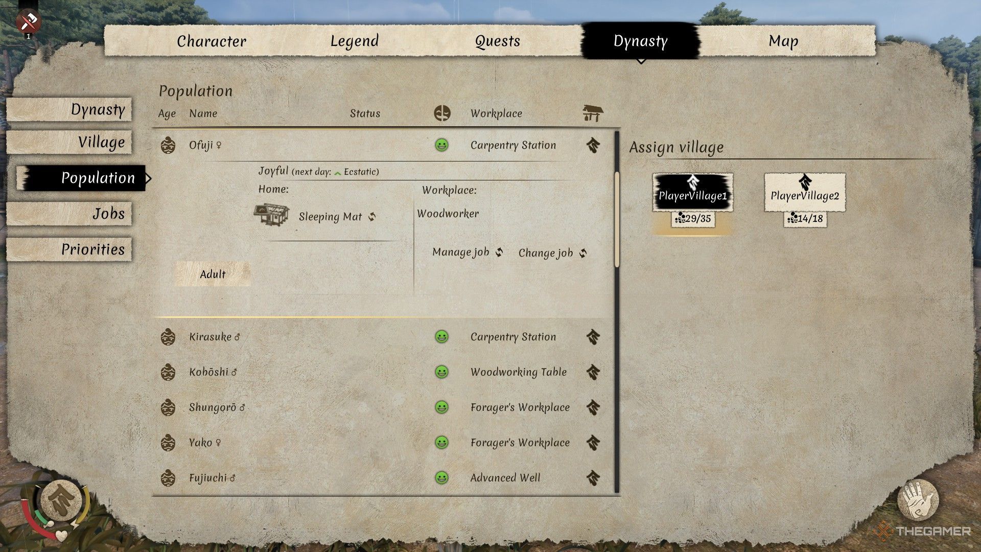 The image shows the population tab in the Dynasty menu while transferring a villager from one village to the other in Sengoku Dynasty.