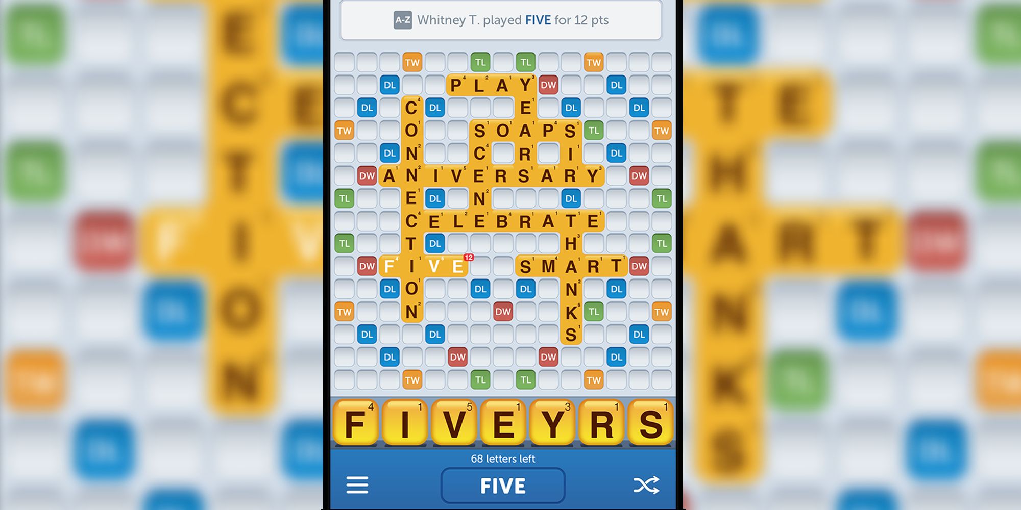 Gameplay from Words with Friends, showing a player in the middle of a game. 