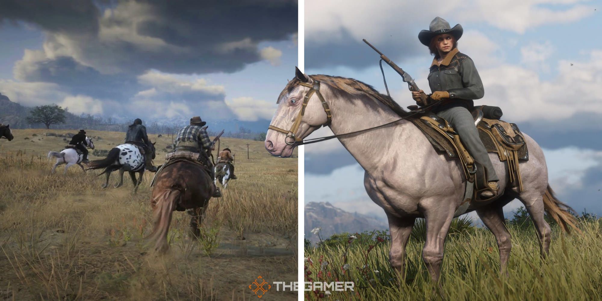 Custom split image of characters from Red Dead Redemption 2 riding horses with a close-up of one holding a rifle at her side