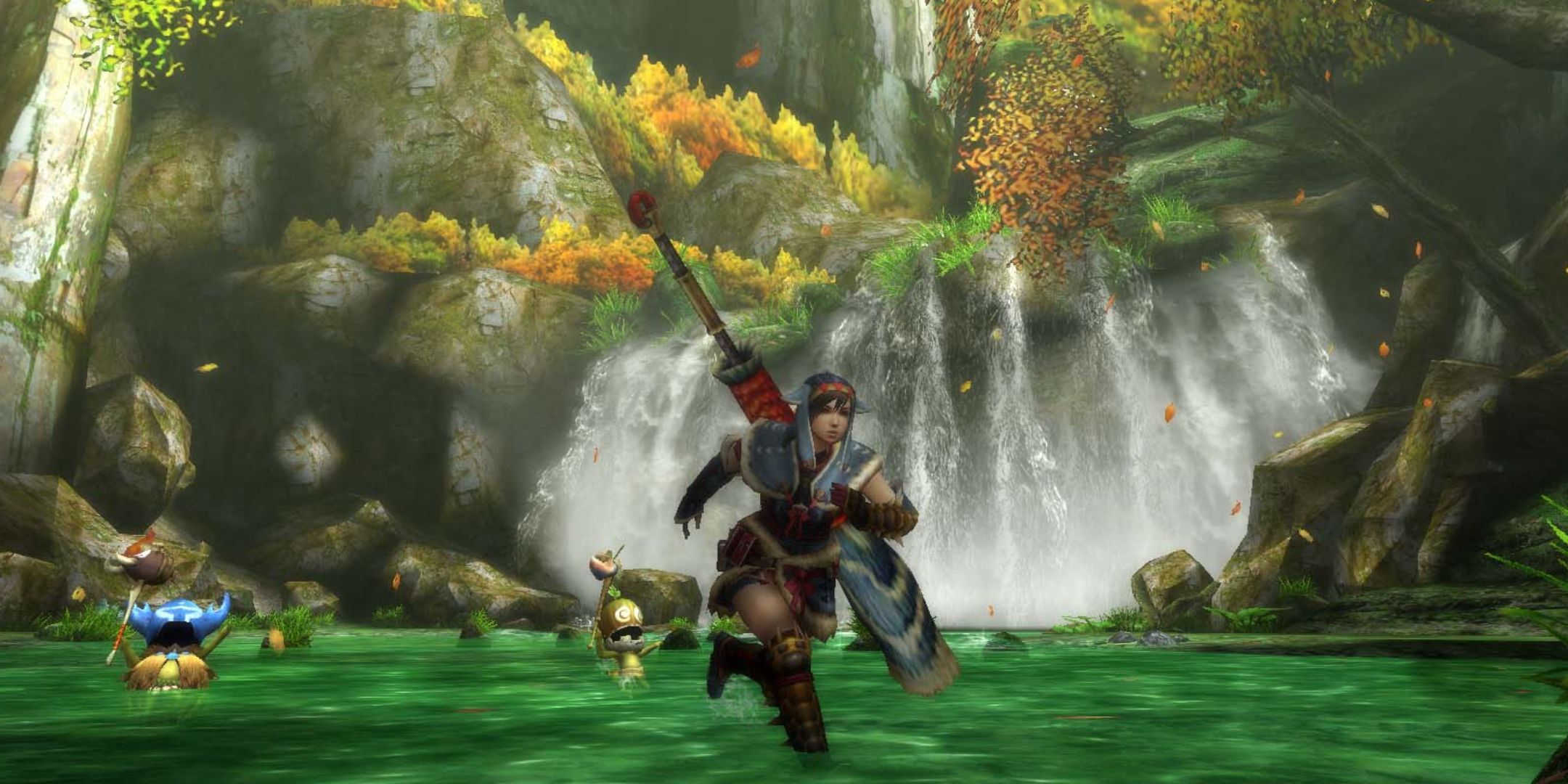 Monster Hunter 3 Ultimate screenshot of character running through green liquid.