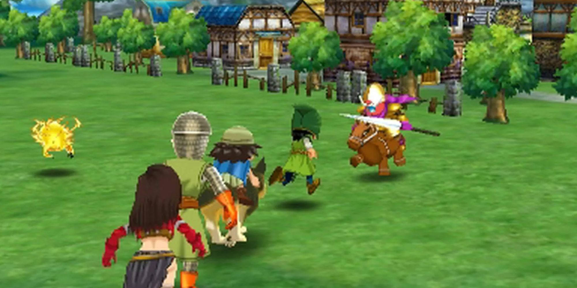 Dragon Quest 7 exploring the overworld, the party runs over a grassy field.