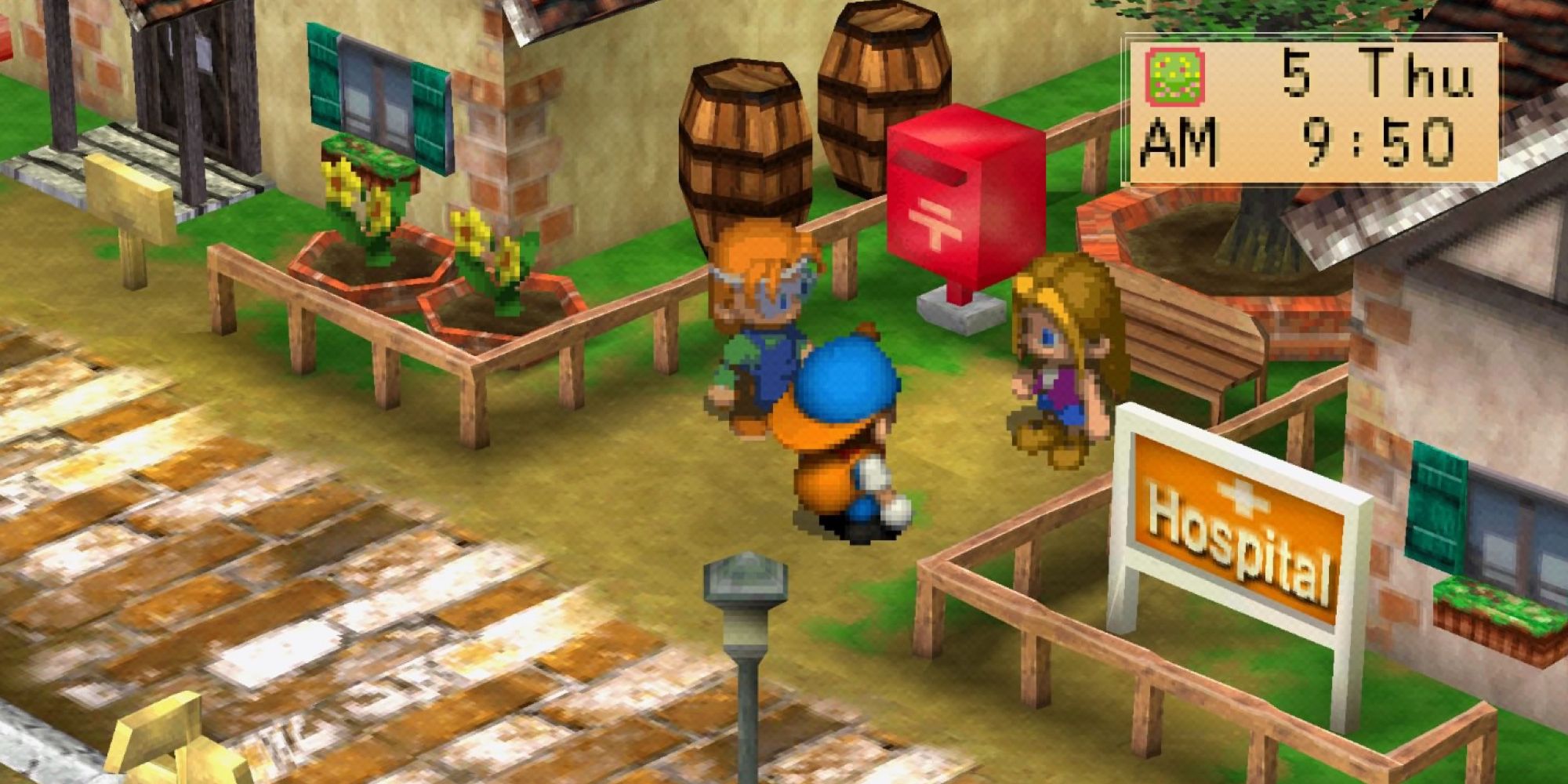 Harvest Moon Back To Nature screenshot of characters talking next to hospital.